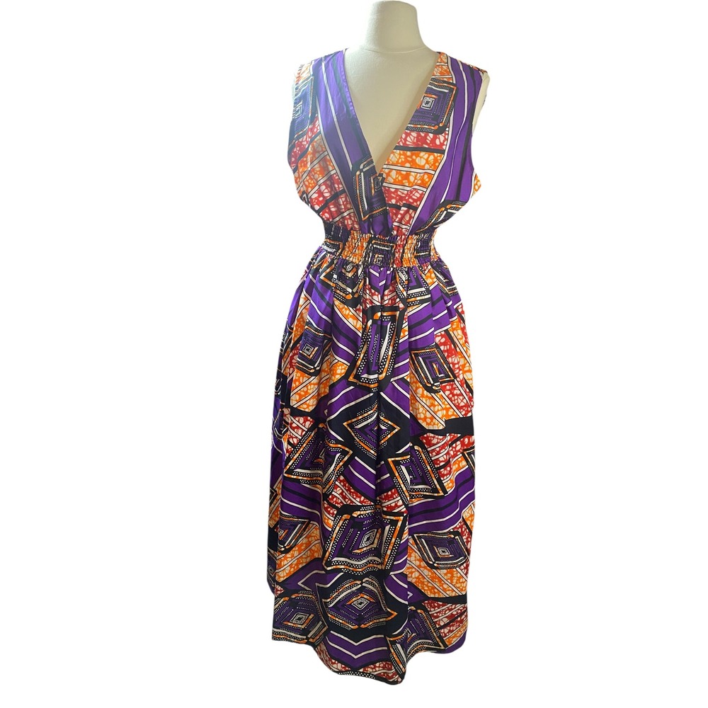 Aqua Beach Maxi Dress Women Purple Orange Cotton Boho V-Neck  OS
